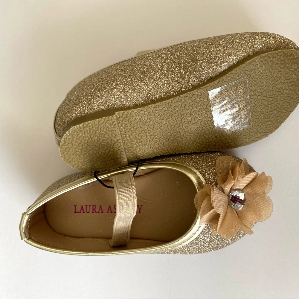 Laura Ashley Flower Dress Shoe Gold Infant 9-12 Months Sparkly Glitter Dressy